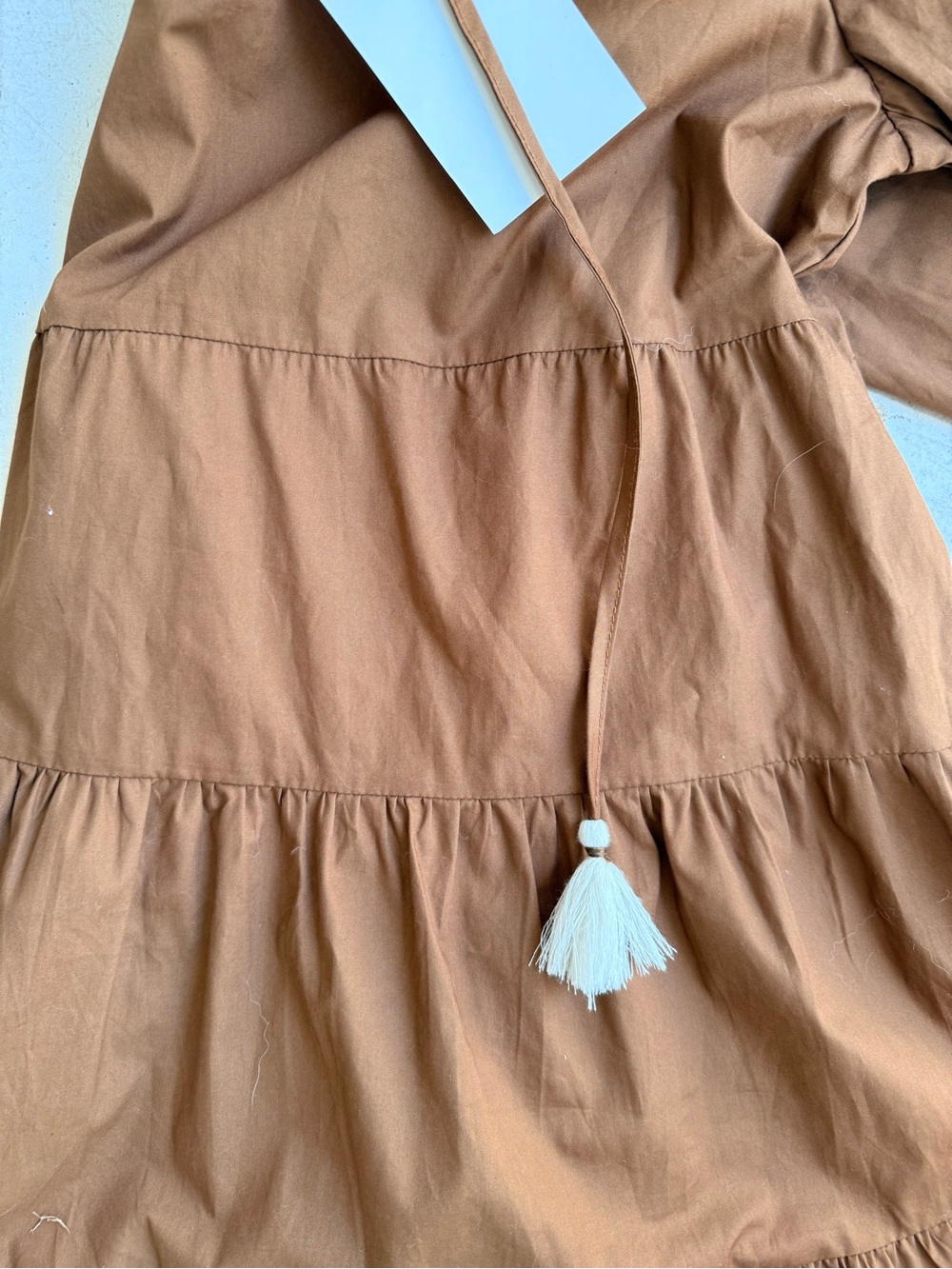 Brown Tiered Long-Sleeve mini tunic' Dress with Tassel Tie - Picture 5 of 5
